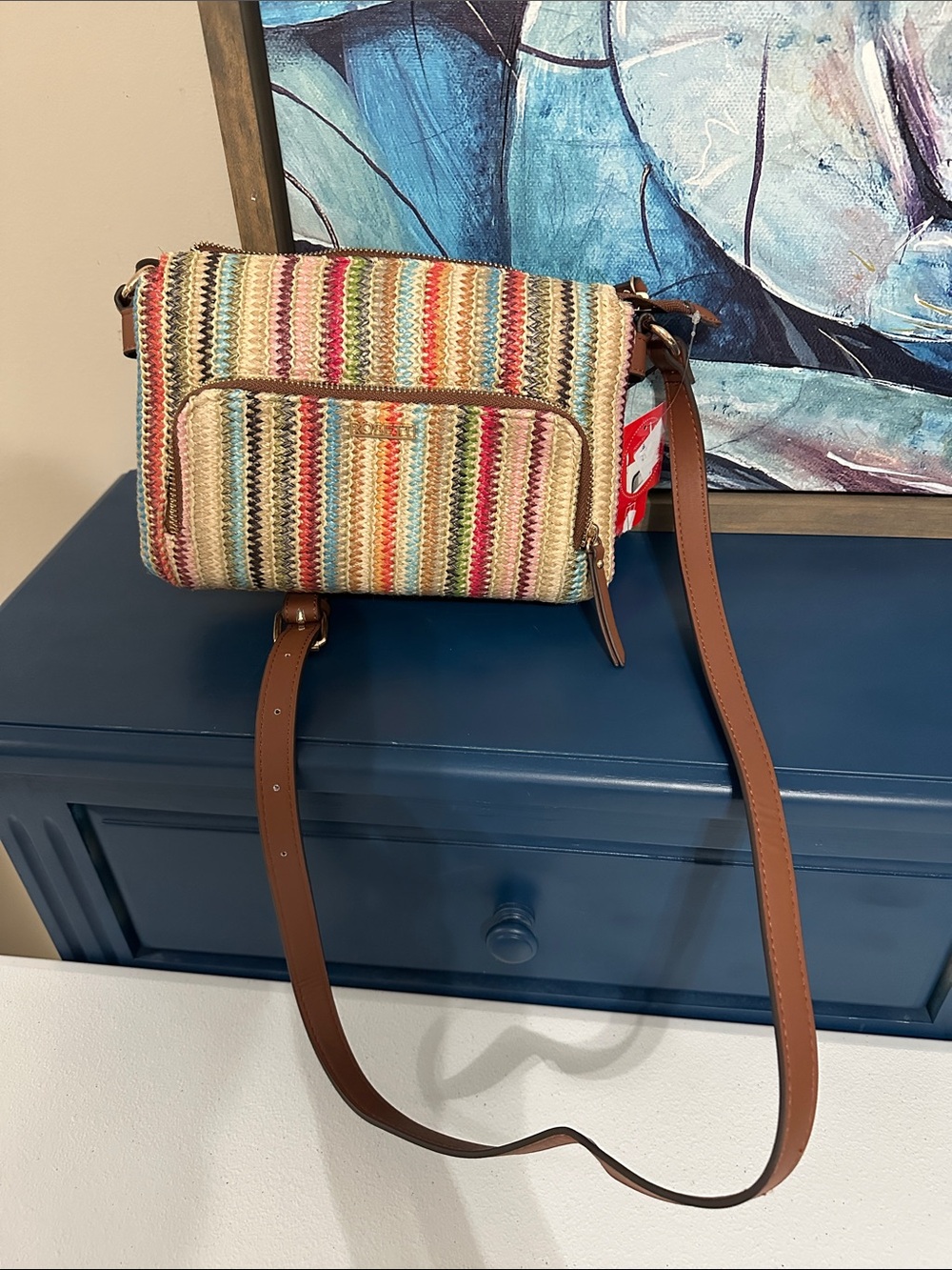 Rosetti Multicolor Striped Woven Crossbody with Brown Strap